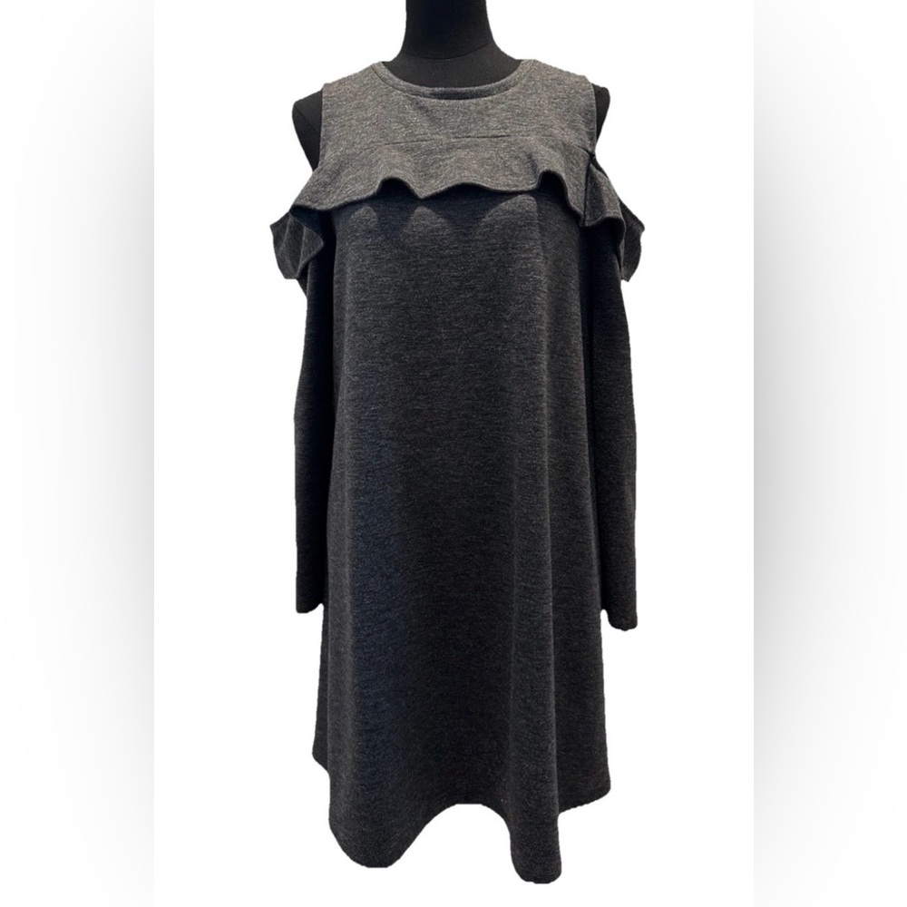 Loft Women's Gray Cold Shoulder Long Sleeve Dress, Key Hole Button Back, Large